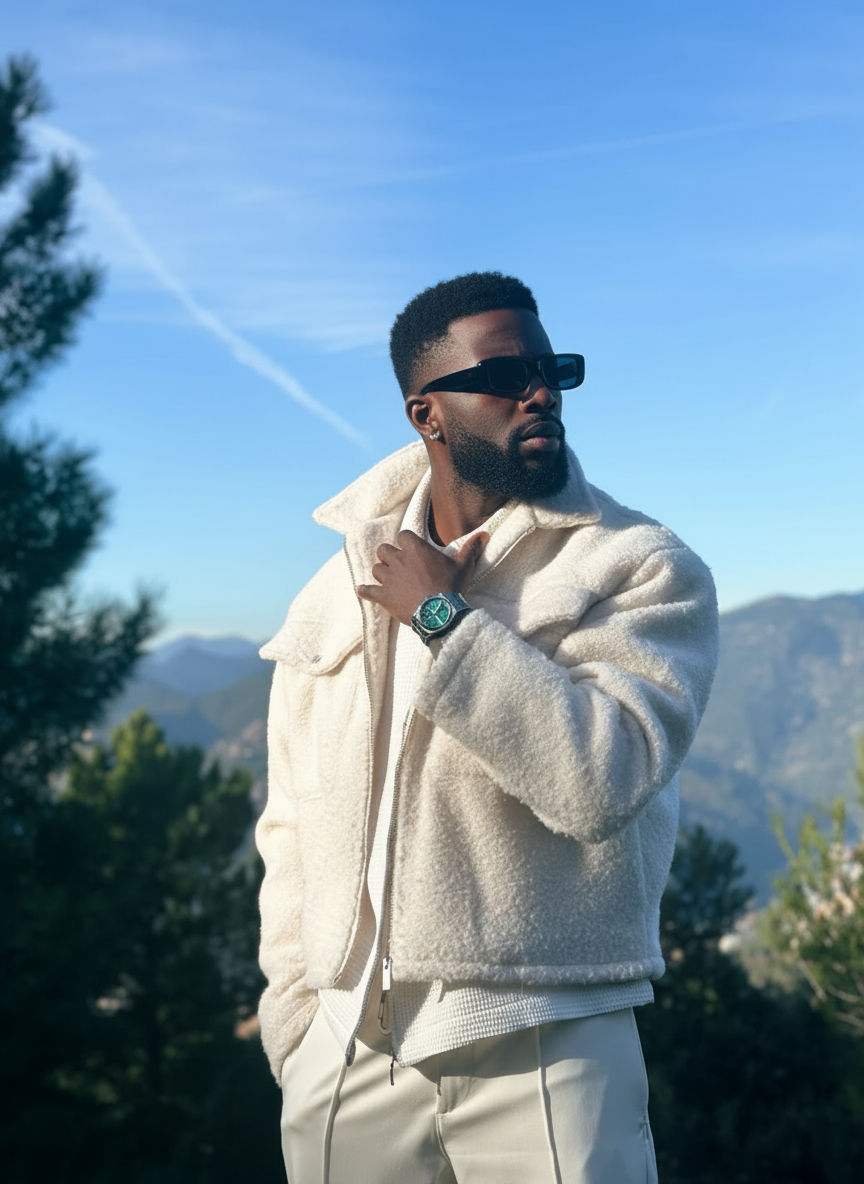 Modelo negro com relógio de luxo